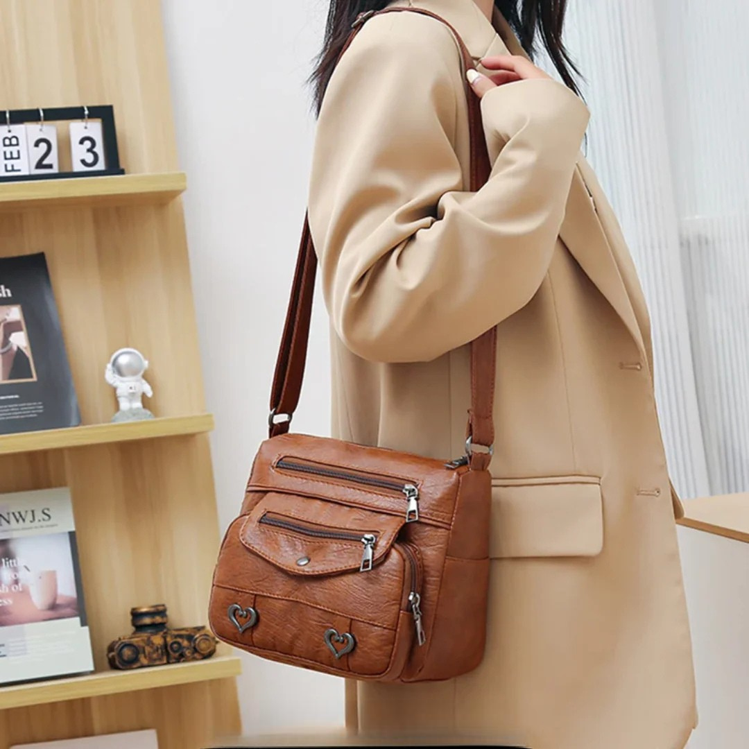 Rhea - Classic Multi-Pocket Crossbody Bag With Front Zippers